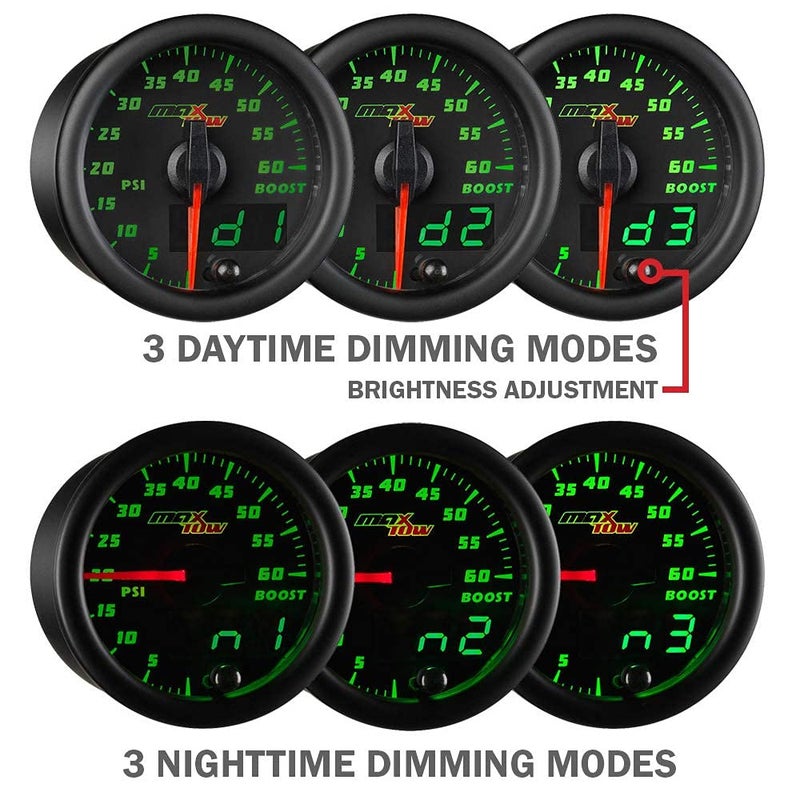 MaxTow Double Vision 100 PSI Oil Pressure Gauge Kit - Includes Electronic Sensor - Black Gauge Face - Green LED Illuminated Dial - Analog & Digital Readouts - for Trucks - 2-1/16" 52mm - Image 5